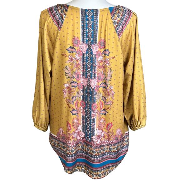World Unity Blouse Size Small Yellow Pink Blue Peasant Floral Laced Bohemian Top - Picture 6 of 12
